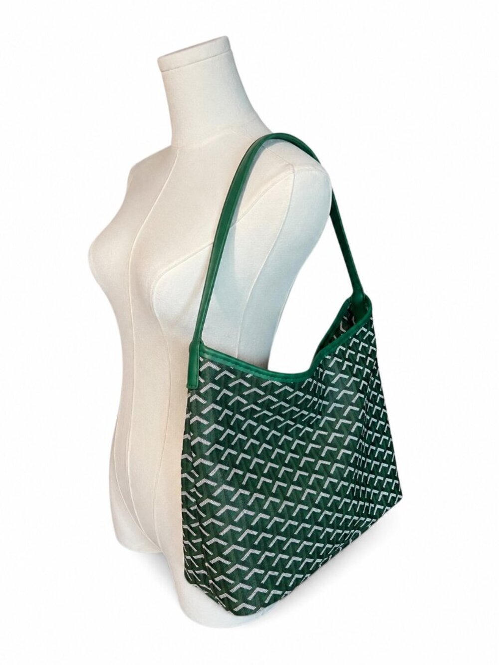 Green Geometric Print Shoulder Tote Bag | Emerald Canvas Shoulder Purse